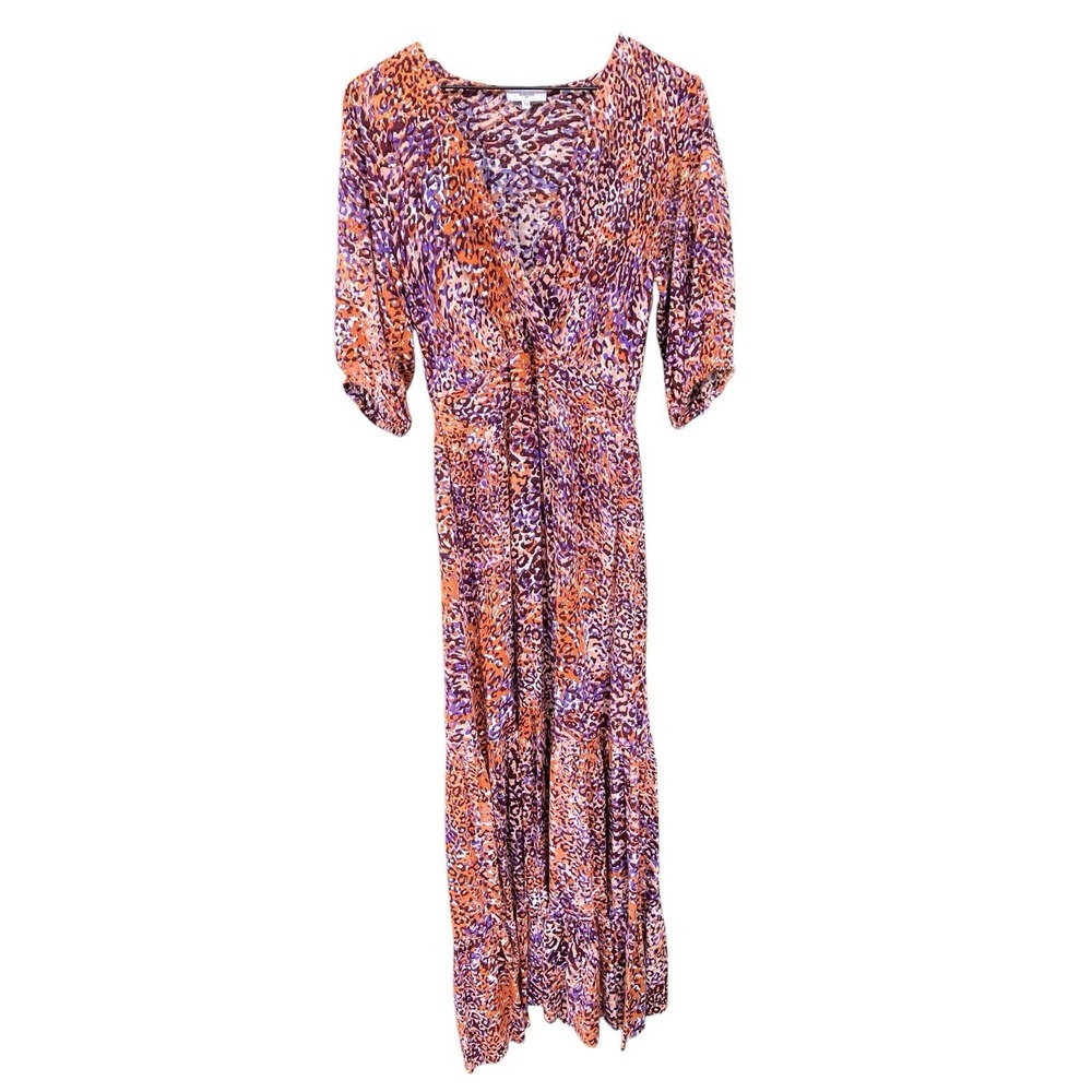 SUNCOO Ceda Dress T2 US M Boho Prairie Metallic Leopard Print V-Neck Maxi